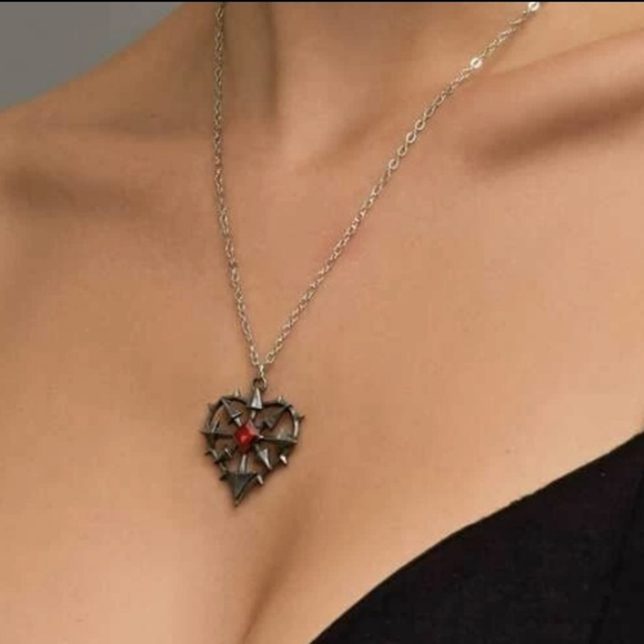 Spiked Heart Necklace with Bright Red Stone - Picture 2 of 5
